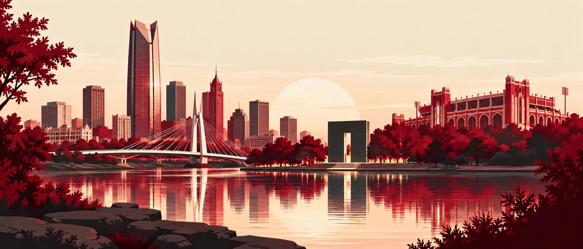Crimson artwork featuring Oklahoma City skyline, Skydance Bridge and an OU-inspired stadium